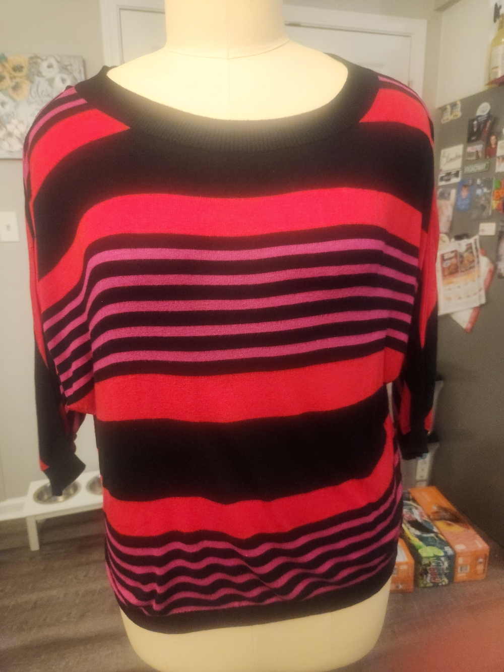 INC International Concepts Black, Pink & Purple Striped Scoop Neck Sweater
